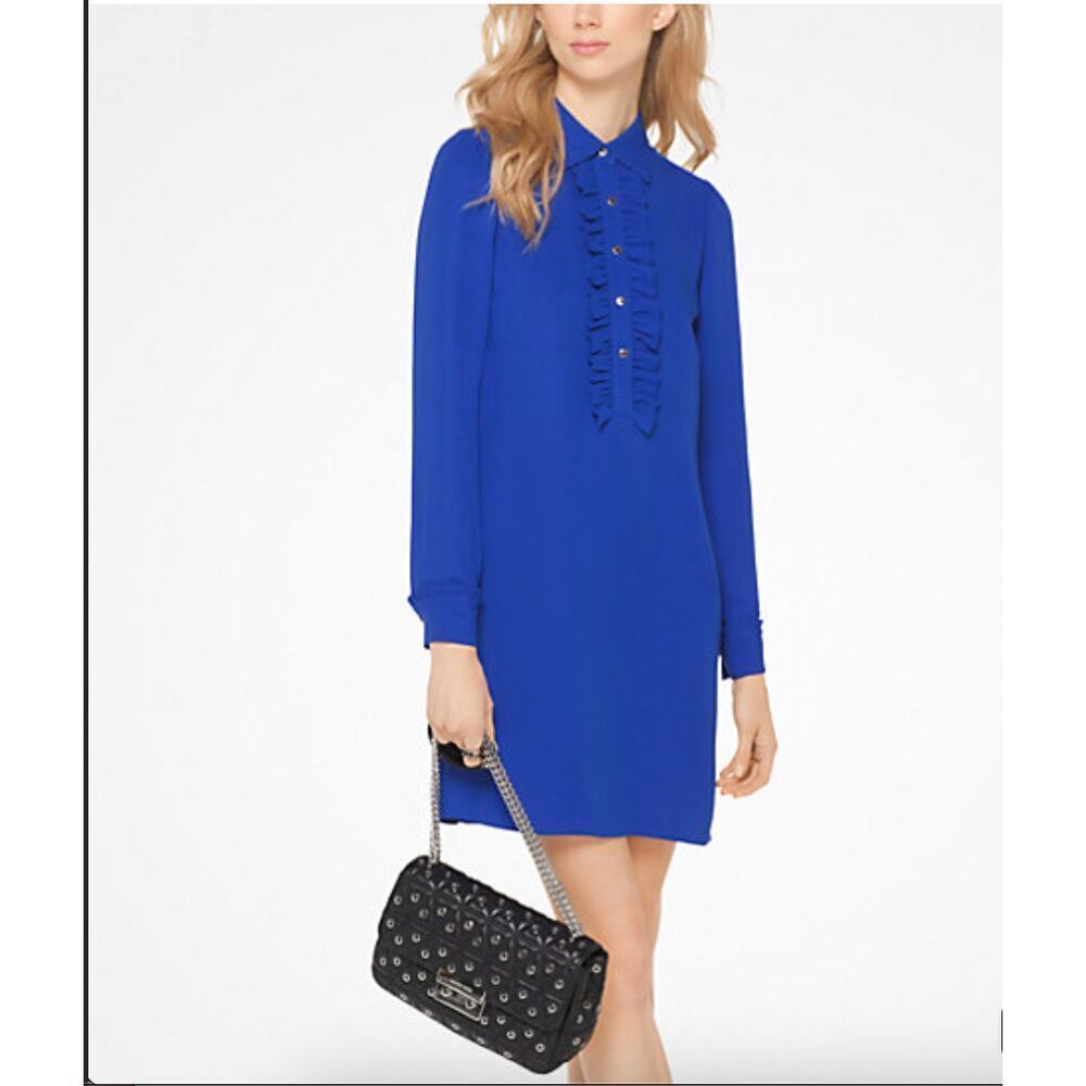 Michael Kors Blue Ruffled Silk Georgette Shirtdress Size 4
